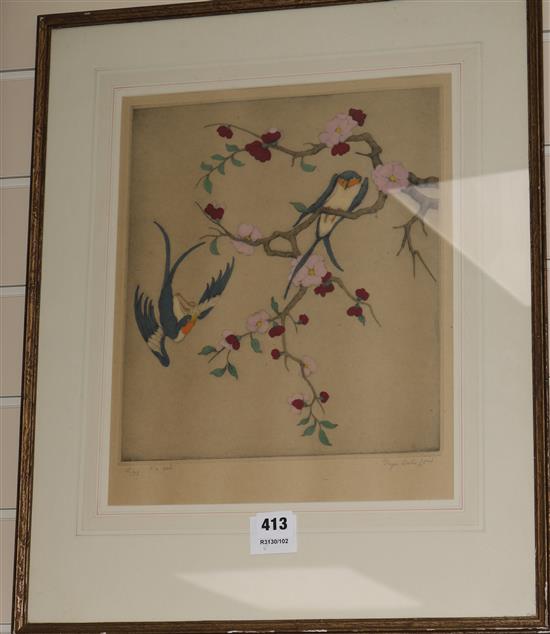 Elyse Ashe Lord (1900-1971) Birds and Prunus 12.5 x 11in.